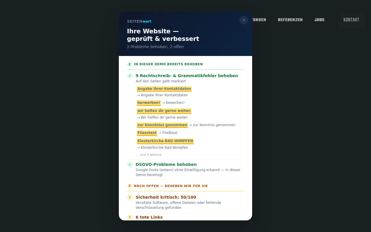 Seitenwart Audit: Dachdecker-Website mit 9 Rechtschreibfehlern und DSGVO-Problemen behoben