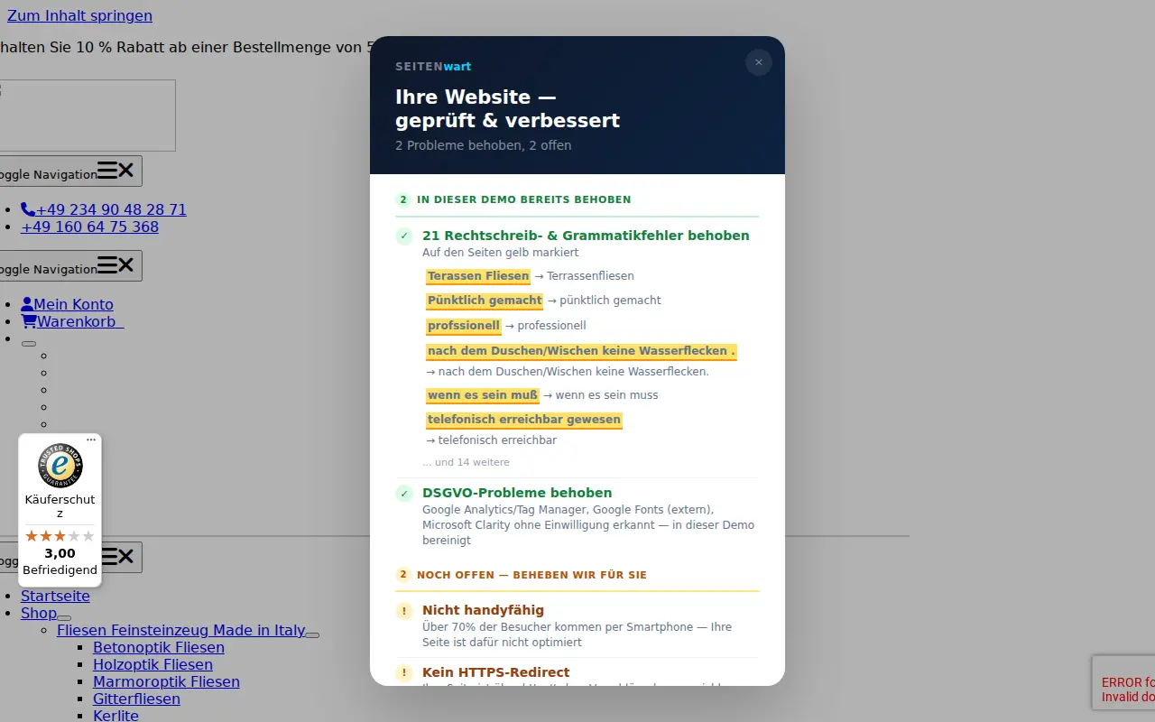 Seitenwart Audit: Fliesenleger-Website mit 21 Fehlern, DSGVO und Tracking-Problemen behoben
